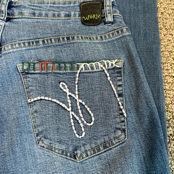 WORN Vintage Embroidered Jeans Sz 10 Palm Tree Patchwork Free People Vibe A149 - Picture 4 of 9